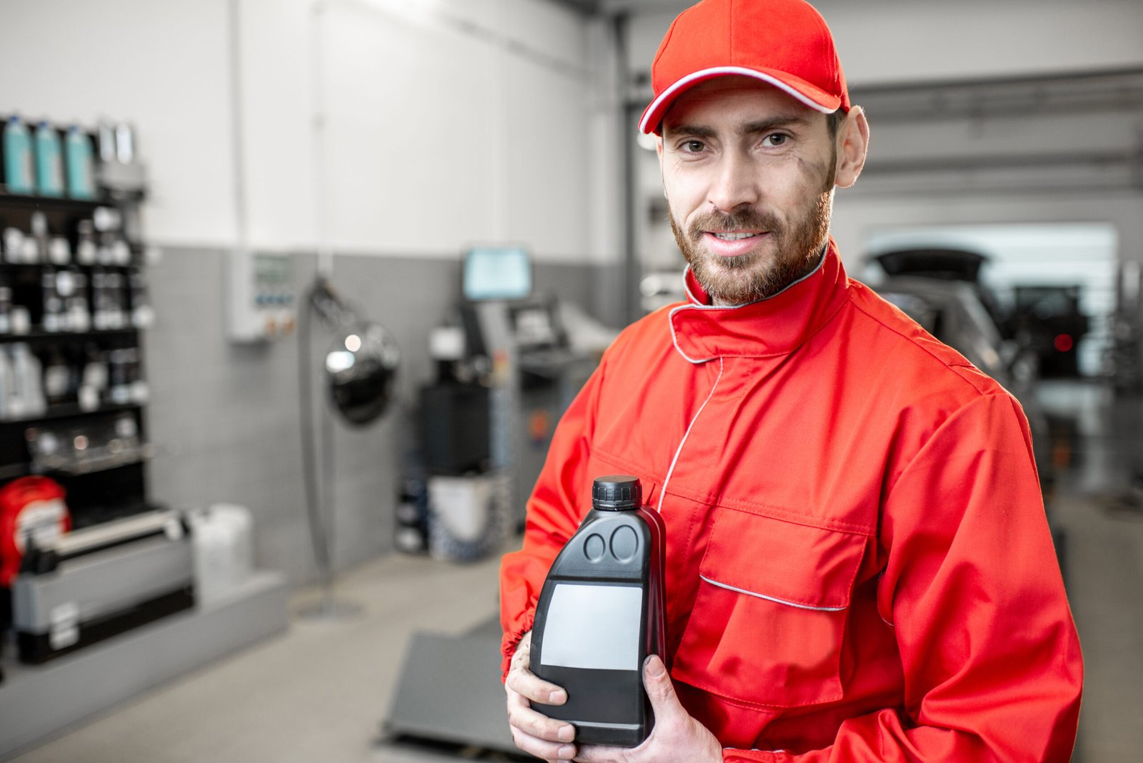 Portrait of a handsome auto mechanic in red uniform holding bottle with engine oil at the car service